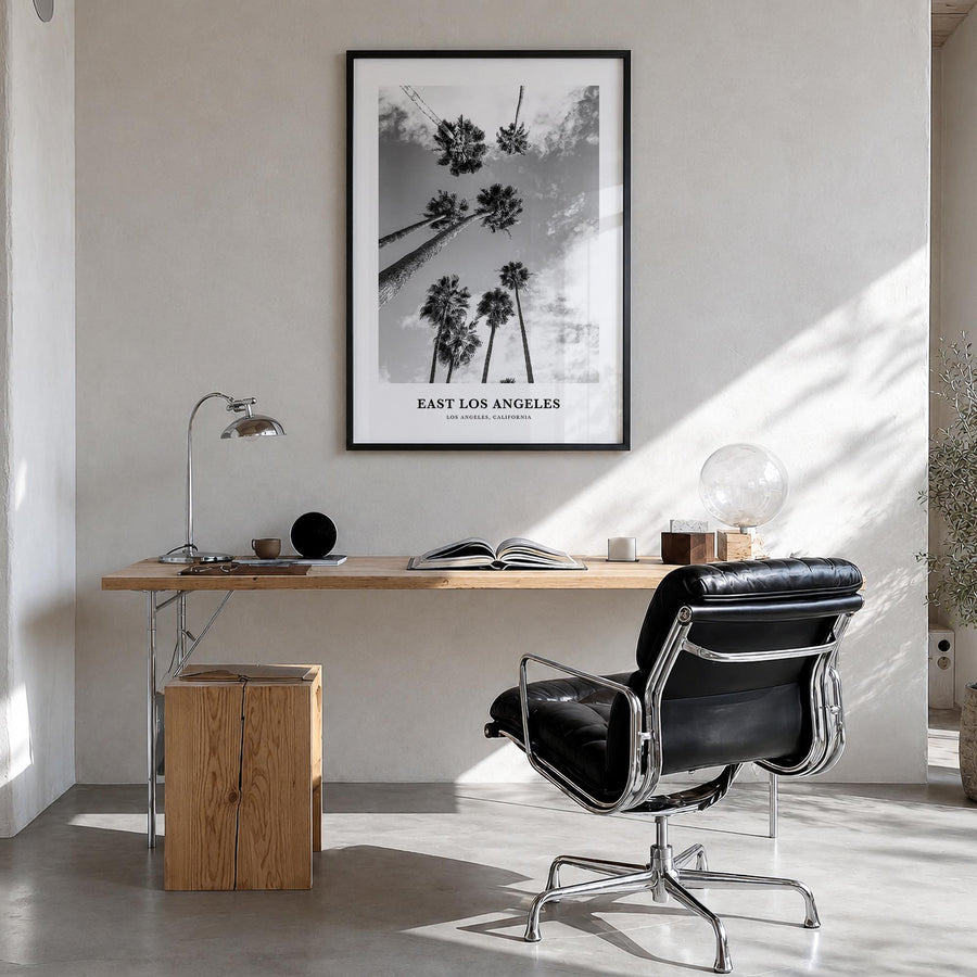 East Los Angeles black & white classic poster of Los Angeles, California – vertical wall art in black wood frame, hanging on 