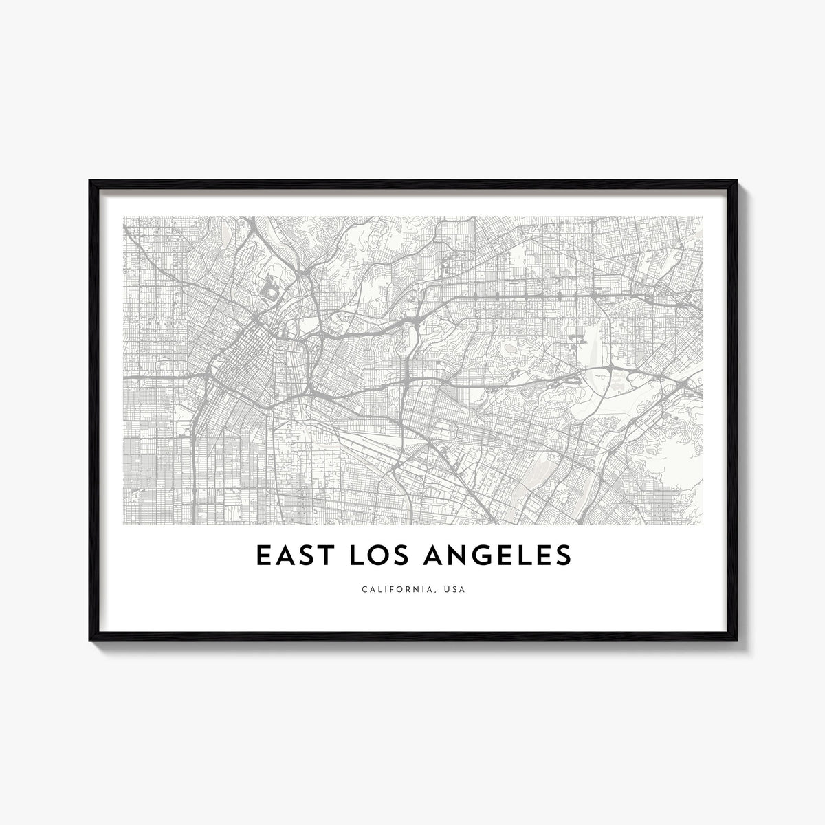 East Los Angeles black & white map poster of Los Angeles, California – horizontal wall art, unframed print shown in interior 