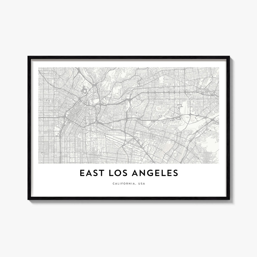 East Los Angeles black & white map poster of Los Angeles, California – horizontal wall art, unframed print shown in interior 