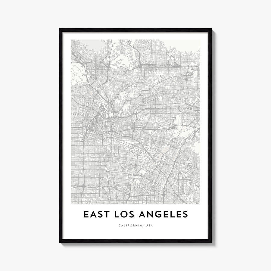 East Los Angeles black & white map poster of Los Angeles, California – vertical wall art, unframed print shown in interior mo