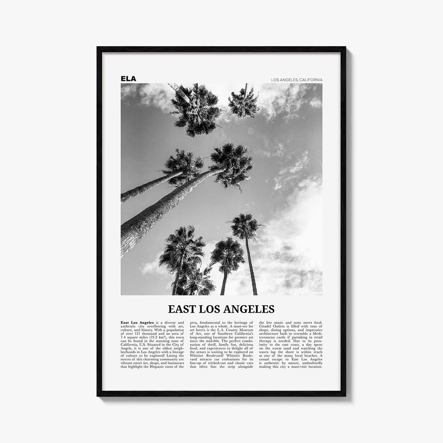 East Los Angeles black & white newspaper poster of Los Angeles, California – vertical wall art, unframed print shown in inter