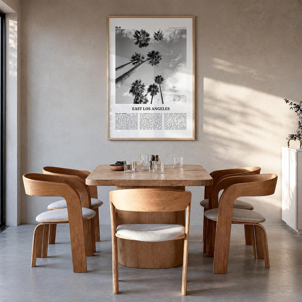 East Los Angeles black & white newspaper poster of Los Angeles, California – vertical wall art in natural wood frame, hanging