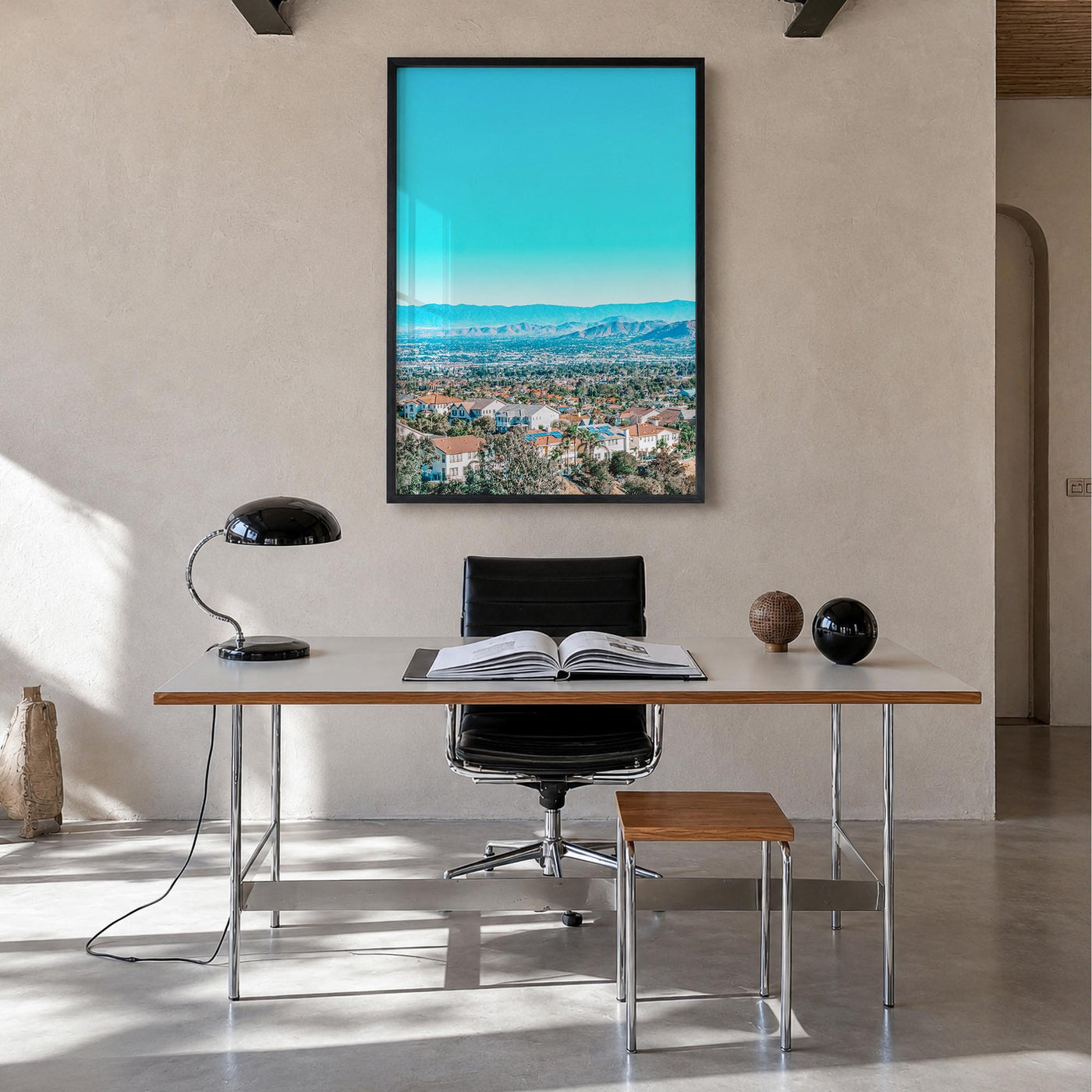 East Los Angeles colorful photo poster of Los Angeles, California – vertical wall art in black wood frame, hanging on wall