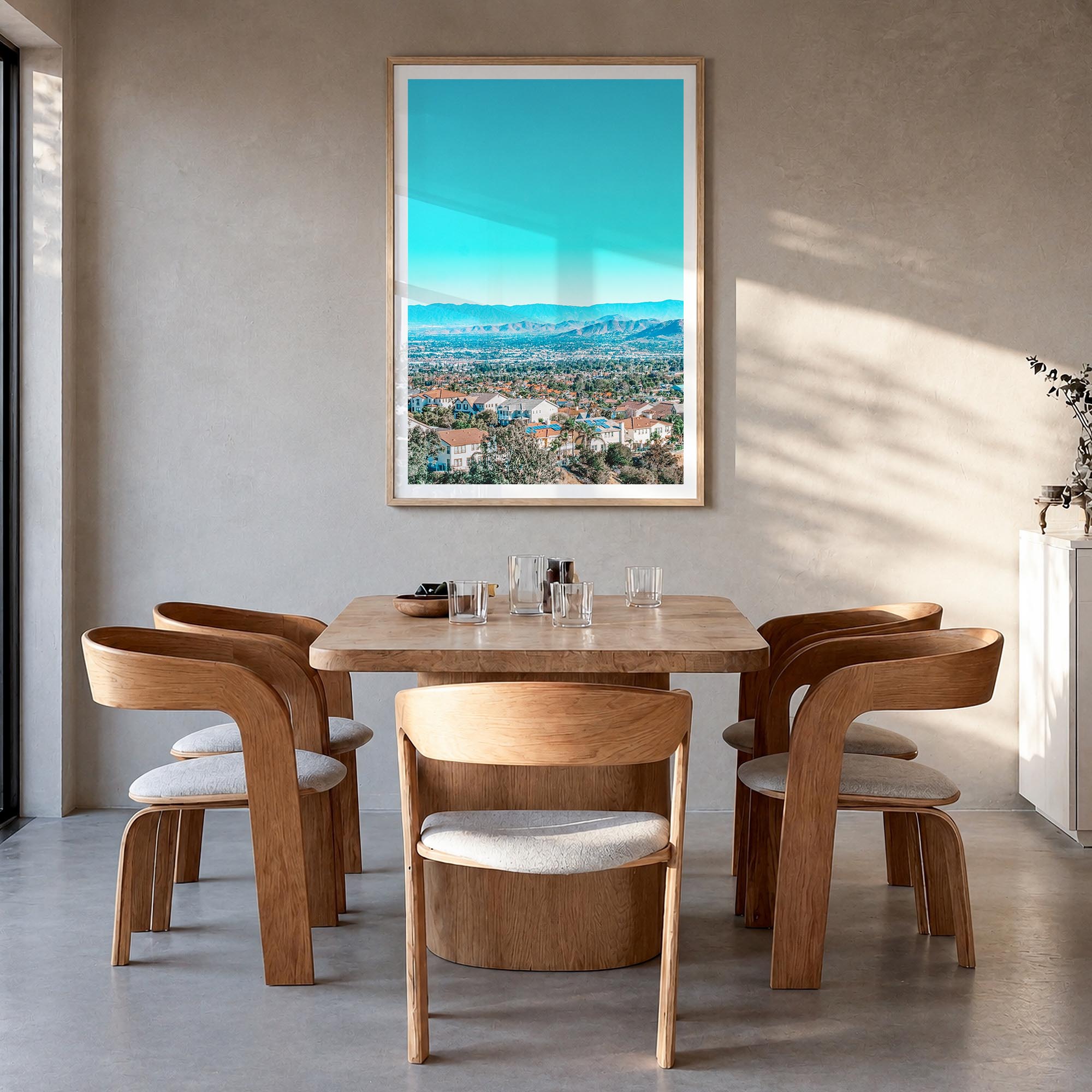 East Los Angeles colorful photo poster of Los Angeles, California – vertical wall art in natural wood frame with white border