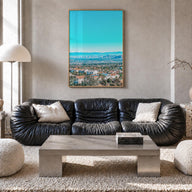 East Los Angeles colorful photo poster of Los Angeles, California – vertical wall art in natural wood frame, hanging on wall