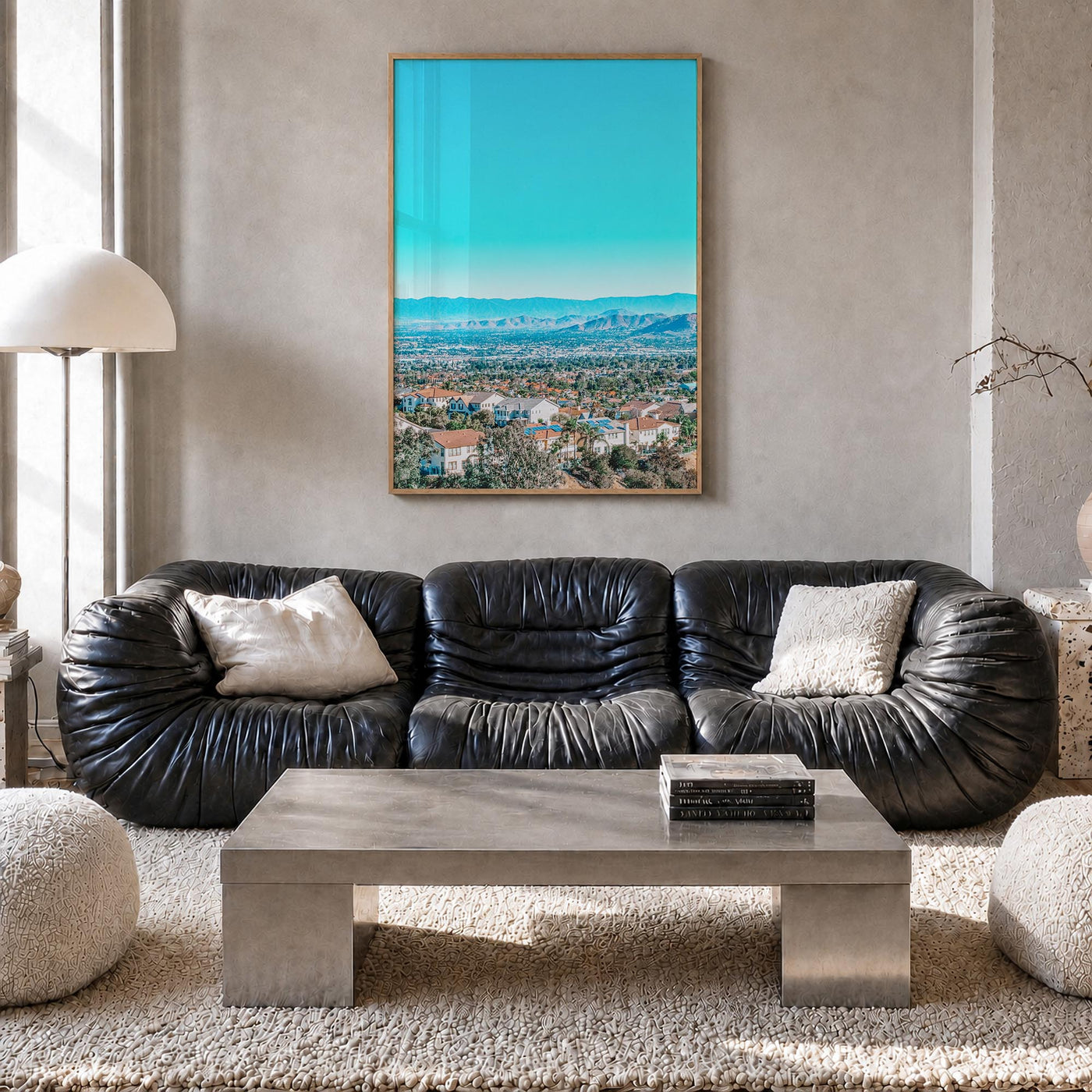 East Los Angeles colorful photo poster of Los Angeles, California – vertical wall art in natural wood frame, hanging on wall