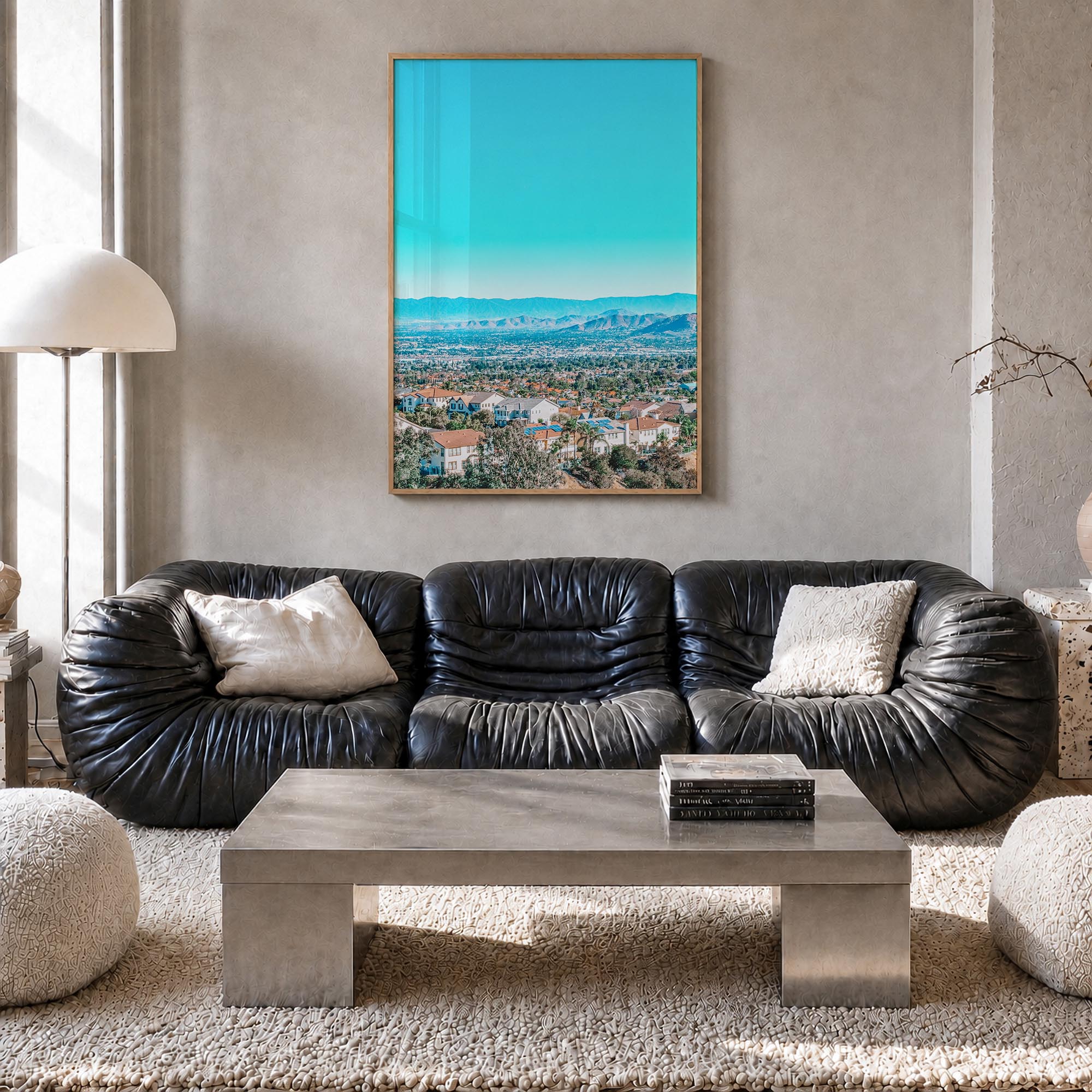East Los Angeles colorful photo poster of Los Angeles, California – vertical wall art in natural wood frame, hanging on wall