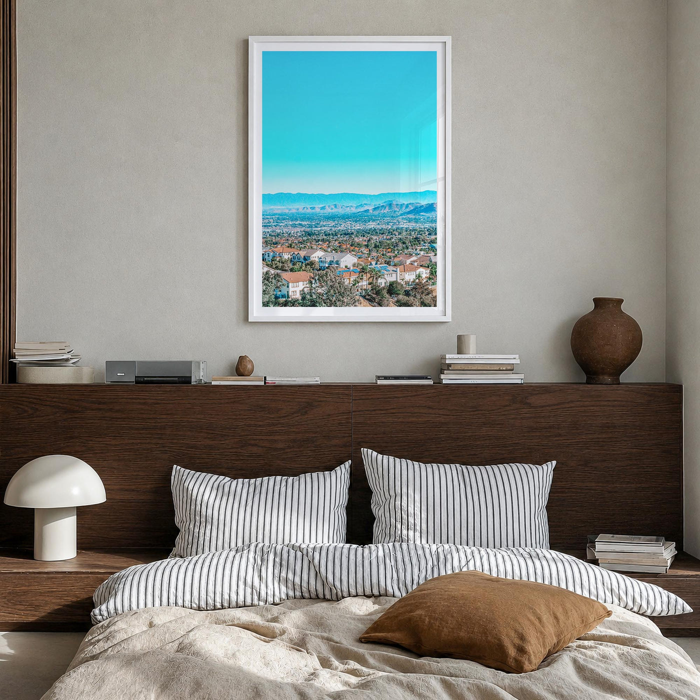 East Los Angeles colorful photo poster of Los Angeles, California – vertical wall art in white wood frame with white border, 