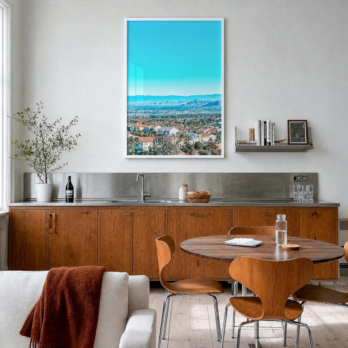 East Los Angeles colorful photo poster of Los Angeles, California – vertical wall art in white wood frame, hanging on wall