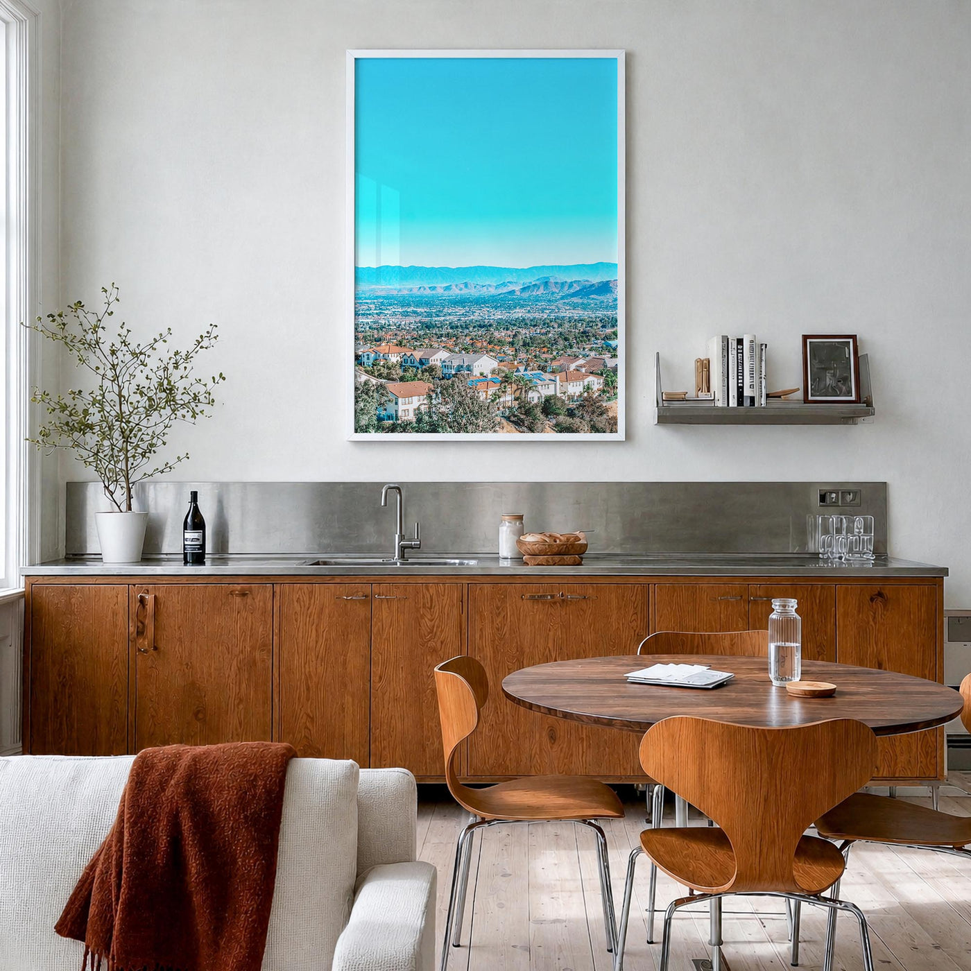 East Los Angeles colorful photo poster of Los Angeles, California – vertical wall art in white wood frame, hanging on wall