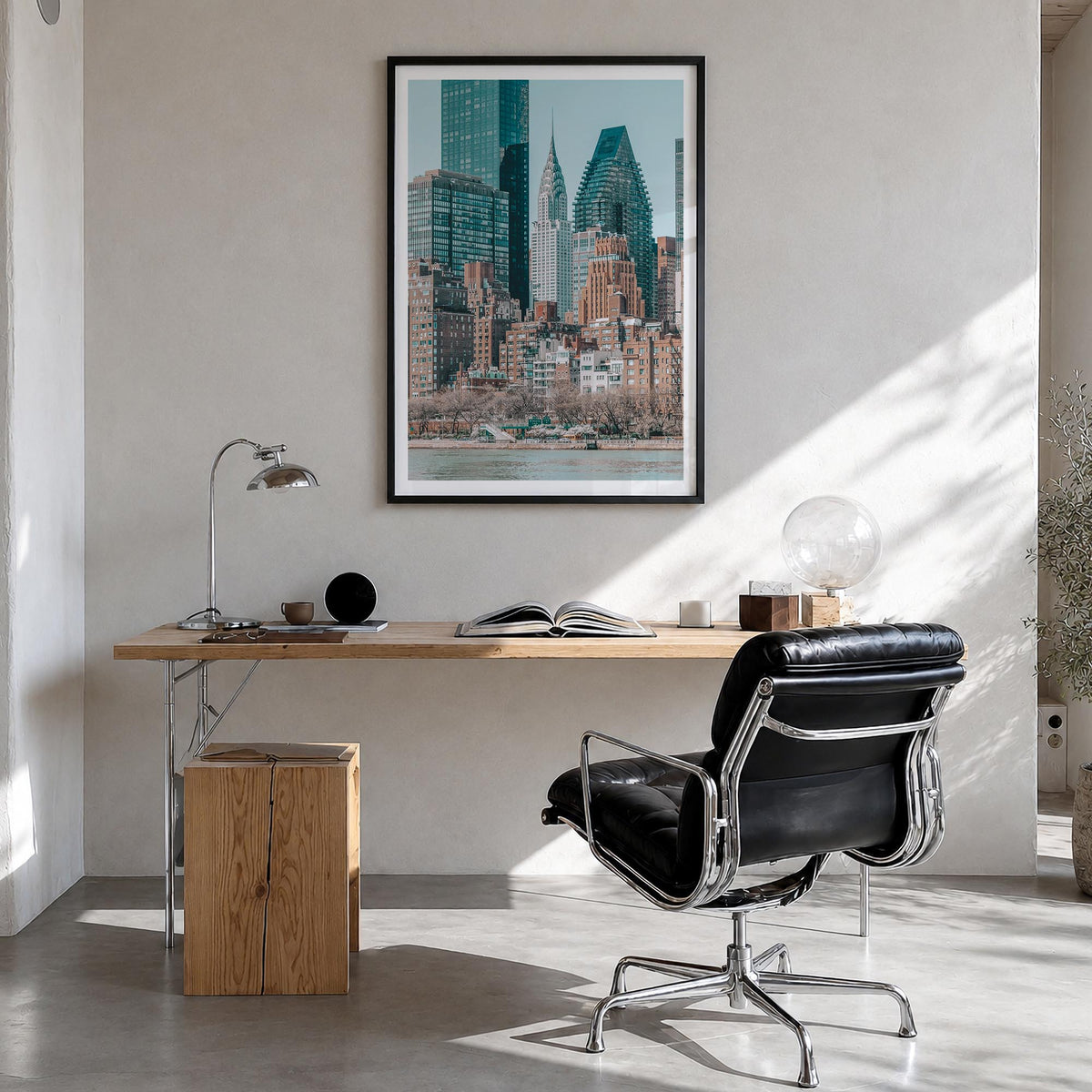 East River Roosevelt Island colorful photo poster of New York, USA – vertical wall art in black wood frame with white border,