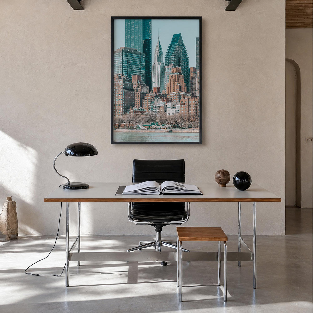 East River Roosevelt Island colorful photo poster of New York, USA – vertical wall art in black wood frame, hanging on wall