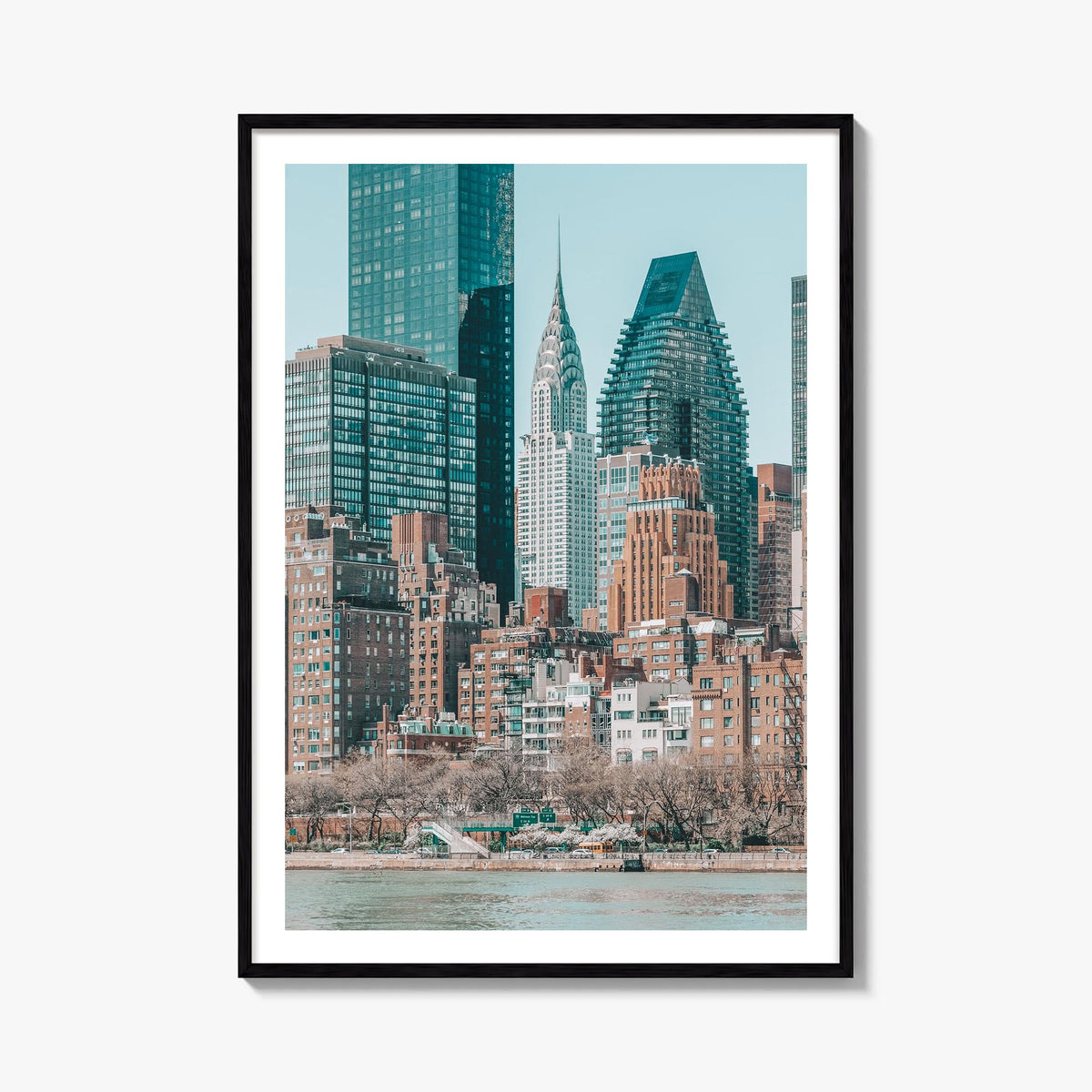 East River Roosevelt Island colorful photo poster of New York, USA – vertical wall art, unframed print shown in interior mock