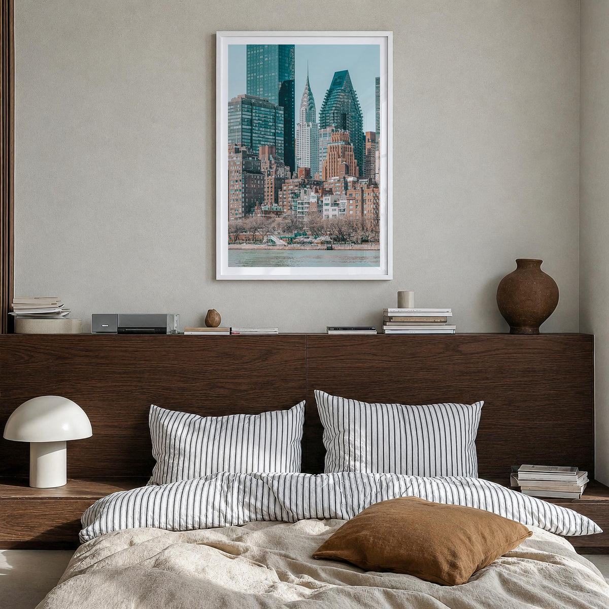 East River Roosevelt Island colorful photo poster of New York, USA – vertical wall art in white wood frame with white border,