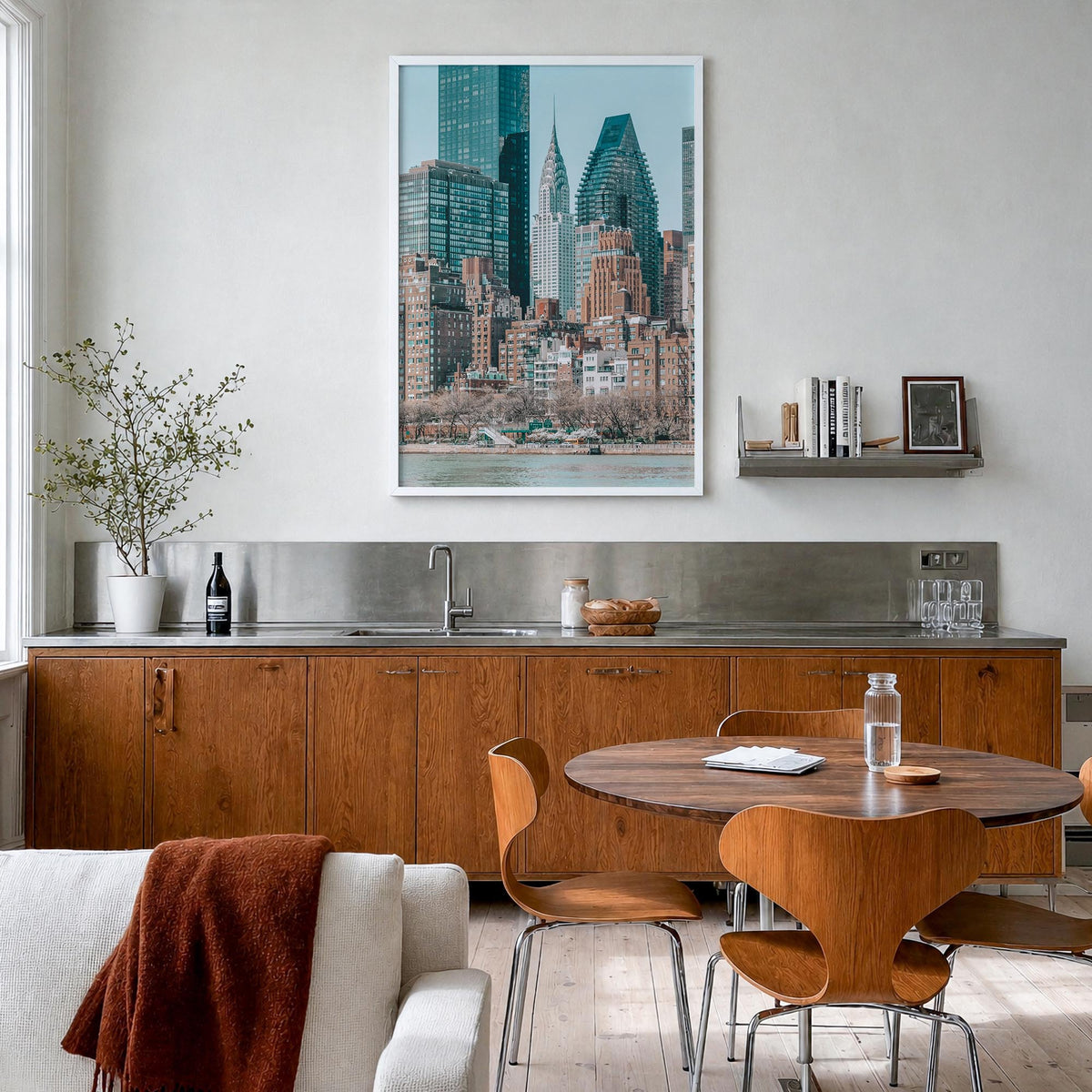 East River Roosevelt Island colorful photo poster of New York, USA – vertical wall art in white wood frame, hanging on wall