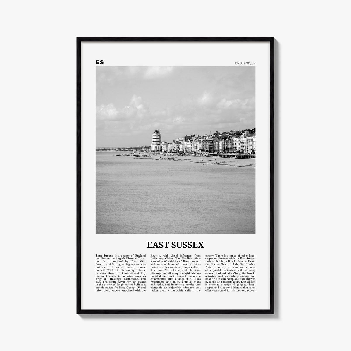East Sussex black & white newspaper poster of United Kingdom – vertical wall art, unframed print shown in interior mockup