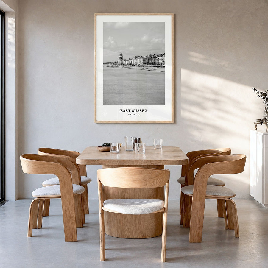 East Sussex Classic Poster in a natural wood frame, hanging in a dining room