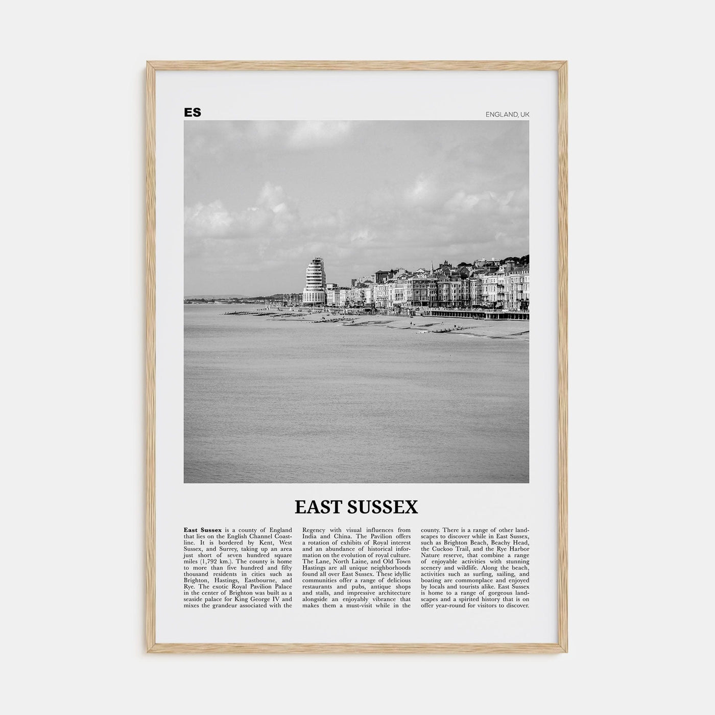 East Sussex Poster Natural Wood / 8x12 in Nbourhood Travel B&W Poster