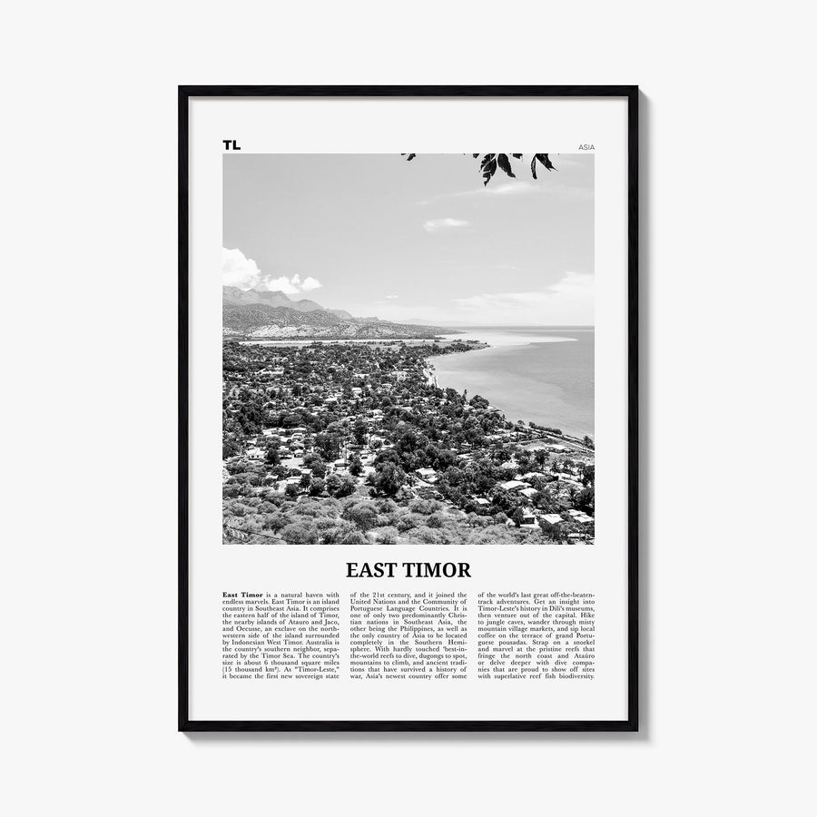 East Timor black & white newspaper poster of Asia – vertical wall art, unframed print shown in interior mockup