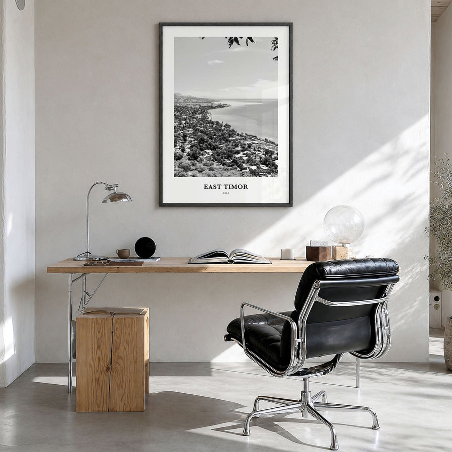East Timor Classic Poster in a black wood frame, hanging in a bright home office