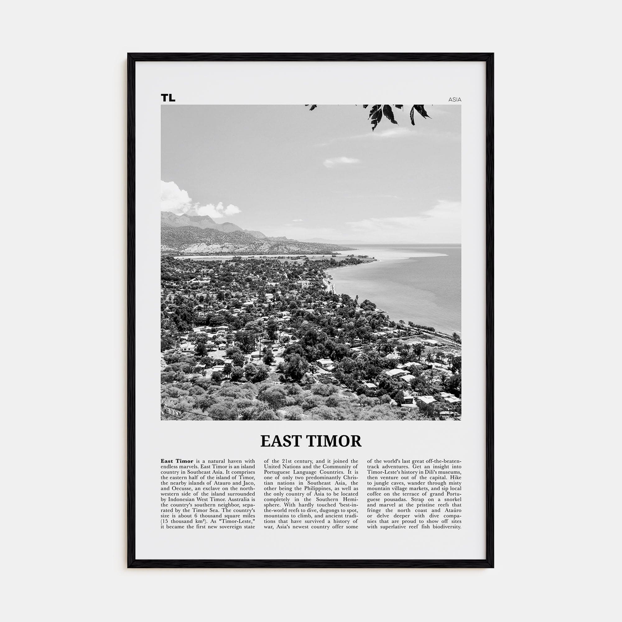 East Timor Poster Black Wood / 8x12 in Nbourhood Travel B&W Poster