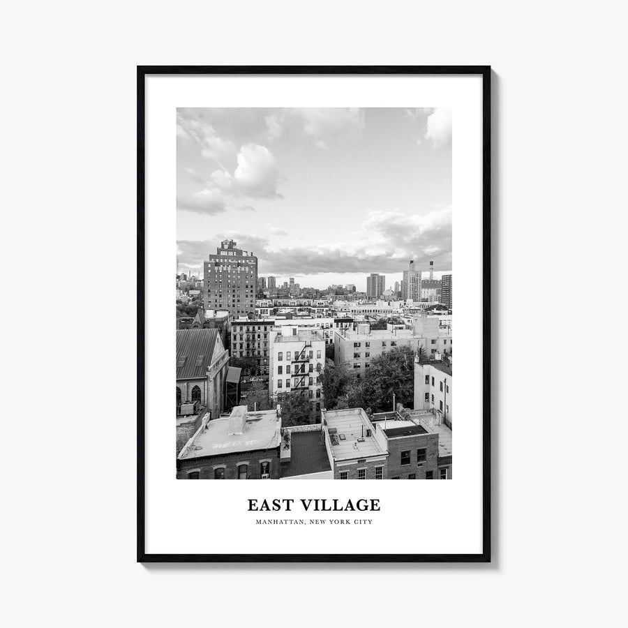 East Village, New York black & white classic poster of New York, USA – vertical wall art, unframed print shown in interior mo