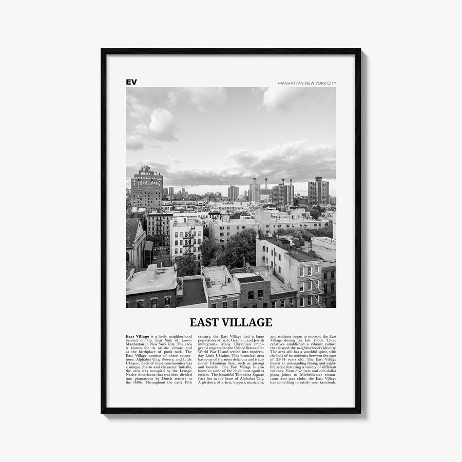East Village, New York black & white newspaper poster of New York, USA – vertical wall art, unframed print shown in interior 