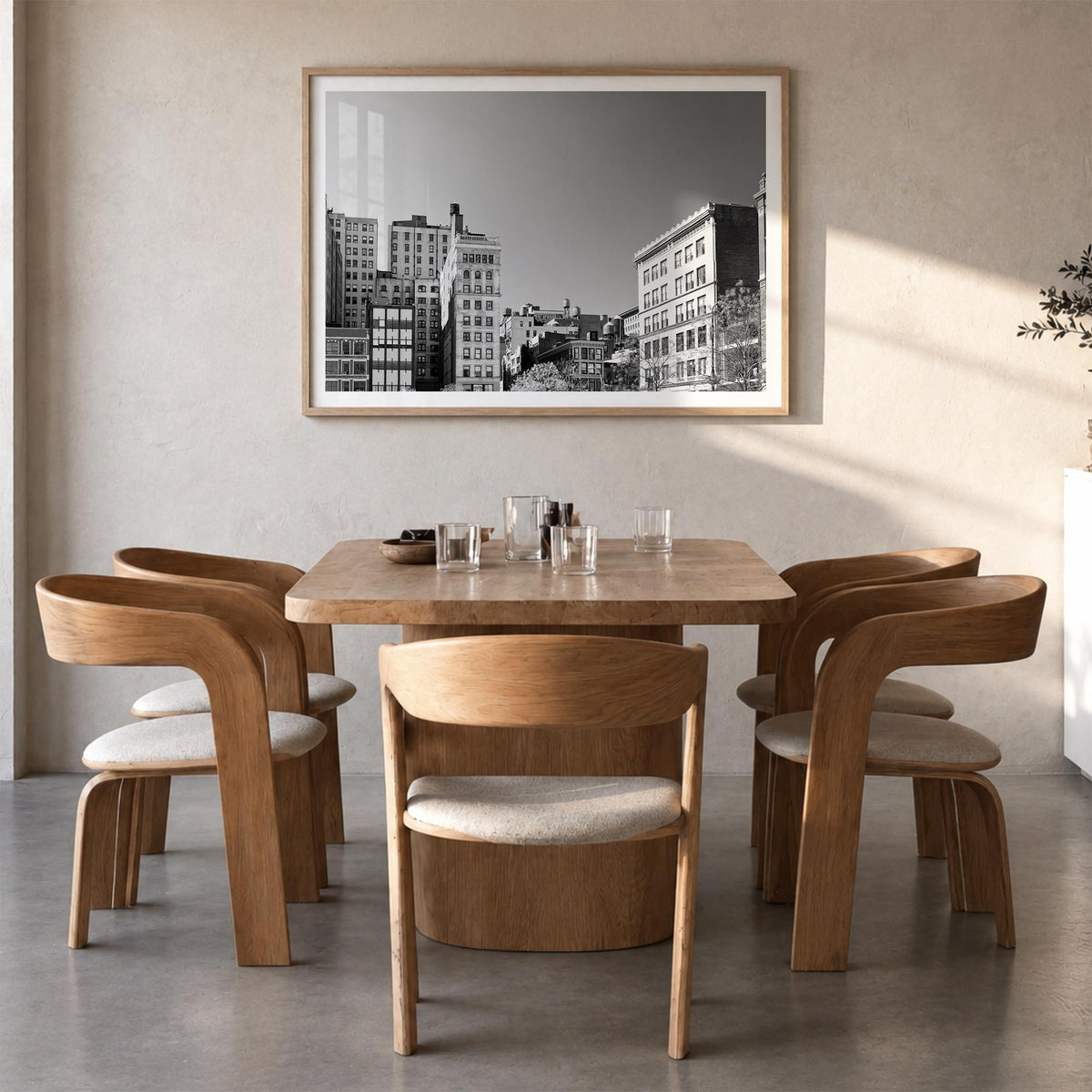 East Village, New York black & white photo poster of New York, USA – horizontal wall art in natural wood frame with white bor