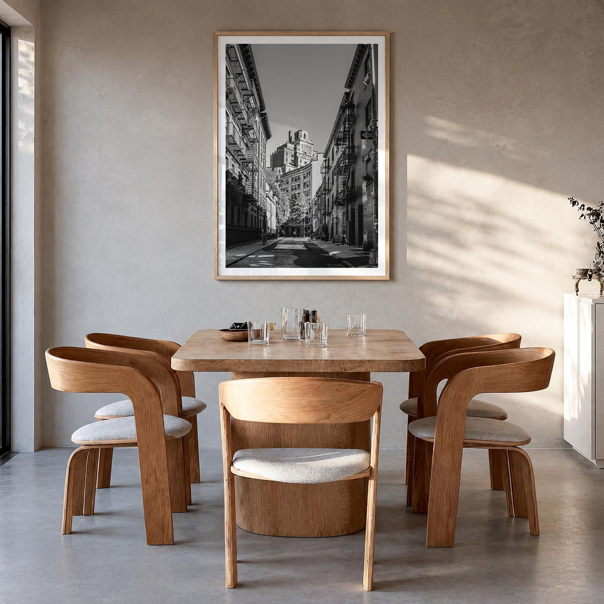 East Village, New York black & white photo poster of New York, USA – vertical wall art in natural wood frame with white borde