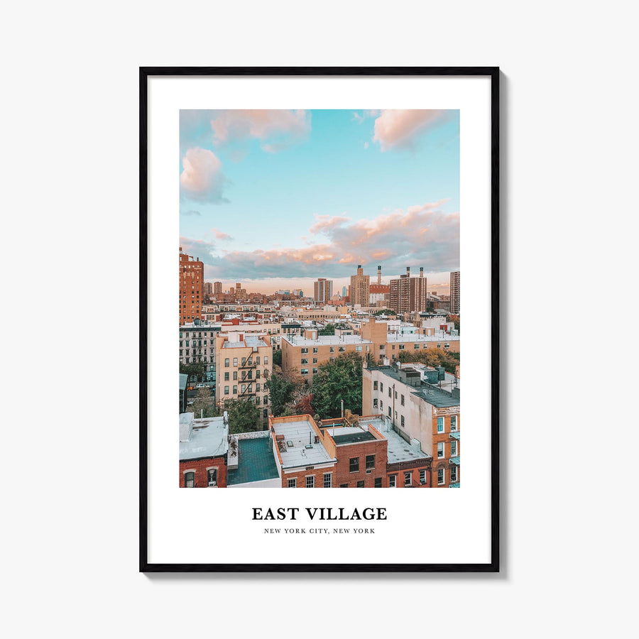 East Village, New York colorful classic poster of New York, USA – vertical wall art, unframed print shown in interior mockup