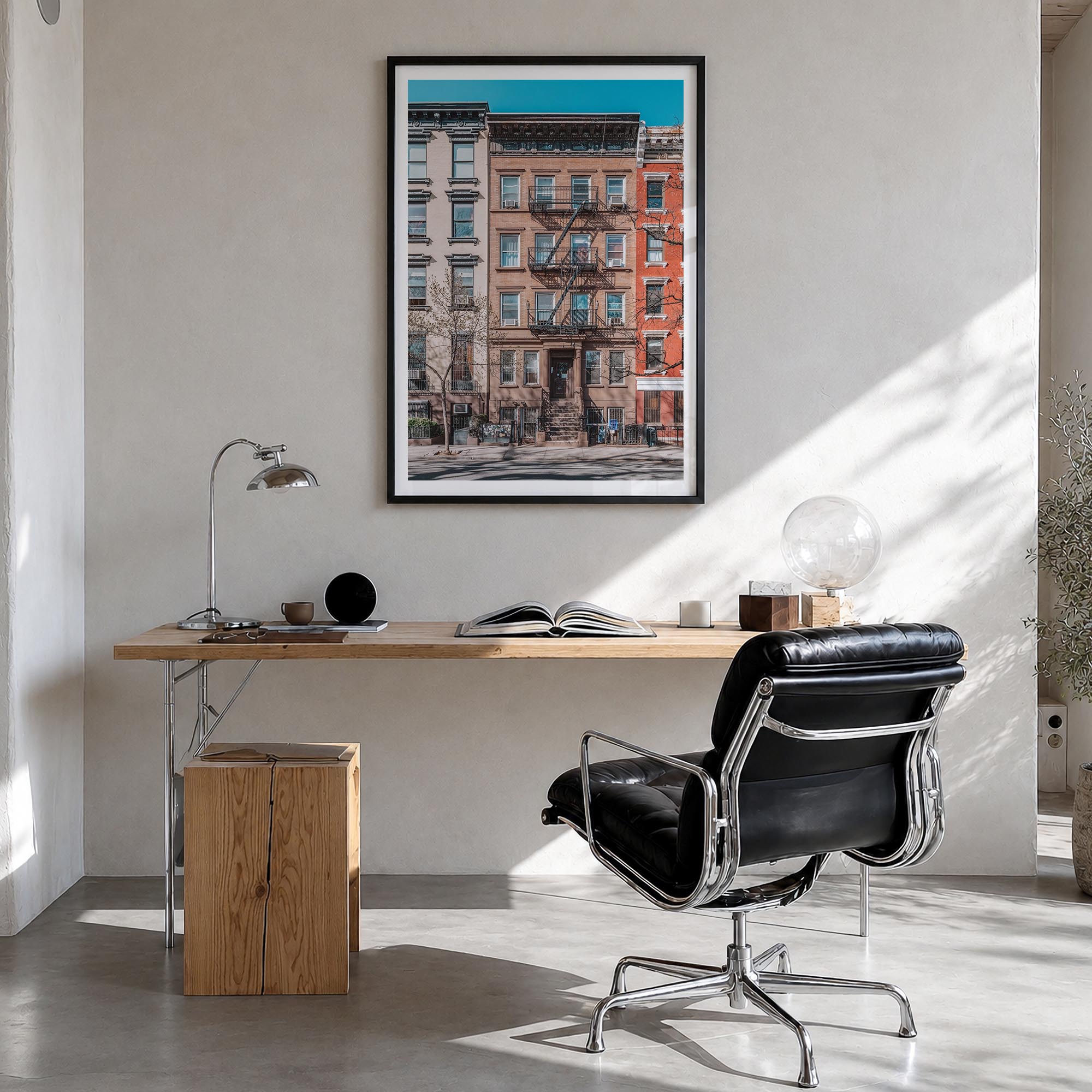 East Village, New York colorful photo poster of New York, USA – vertical wall art in black wood frame with white border, hang