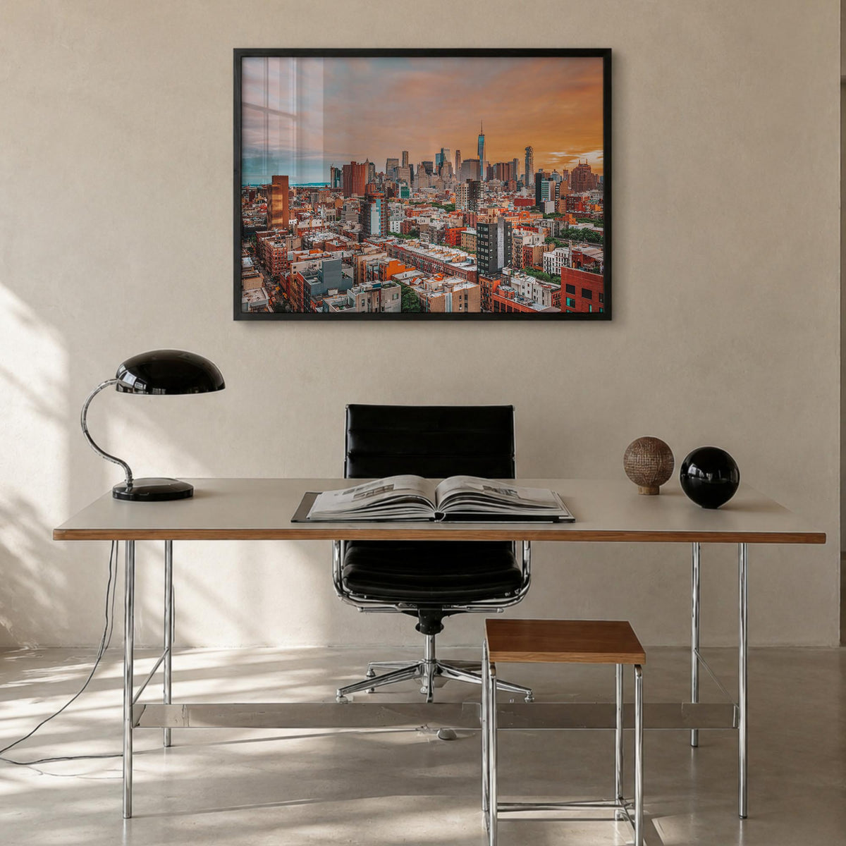 East Village, New York colorful photo poster of New York, USA – horizontal wall art in black wood frame, hanging on wall