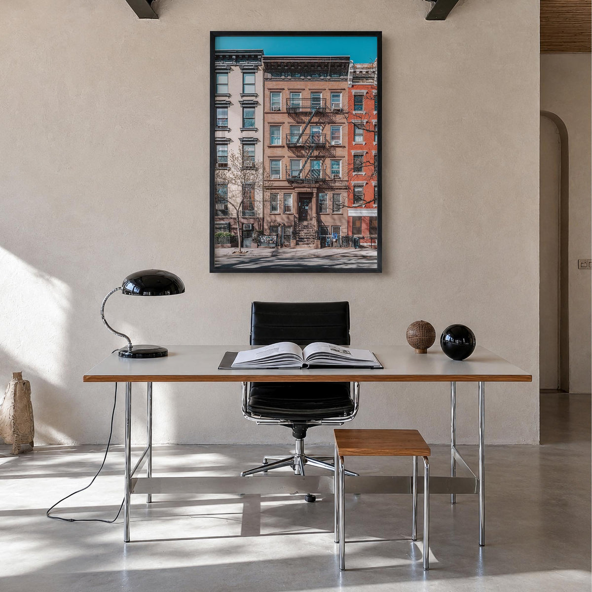 East Village, New York colorful photo poster of New York, USA – vertical wall art in black wood frame, hanging on wall