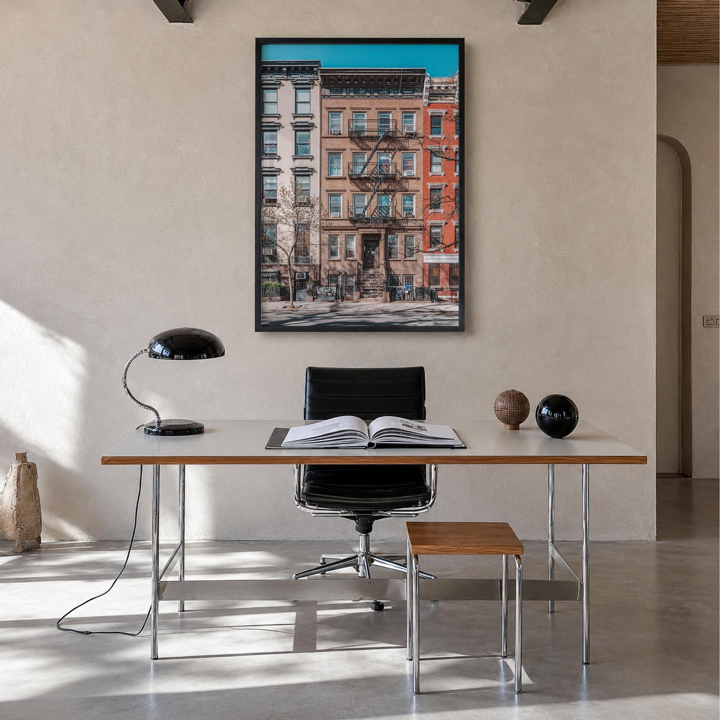 East Village, New York colorful photo poster of New York, USA – vertical wall art in black wood frame, hanging on wall