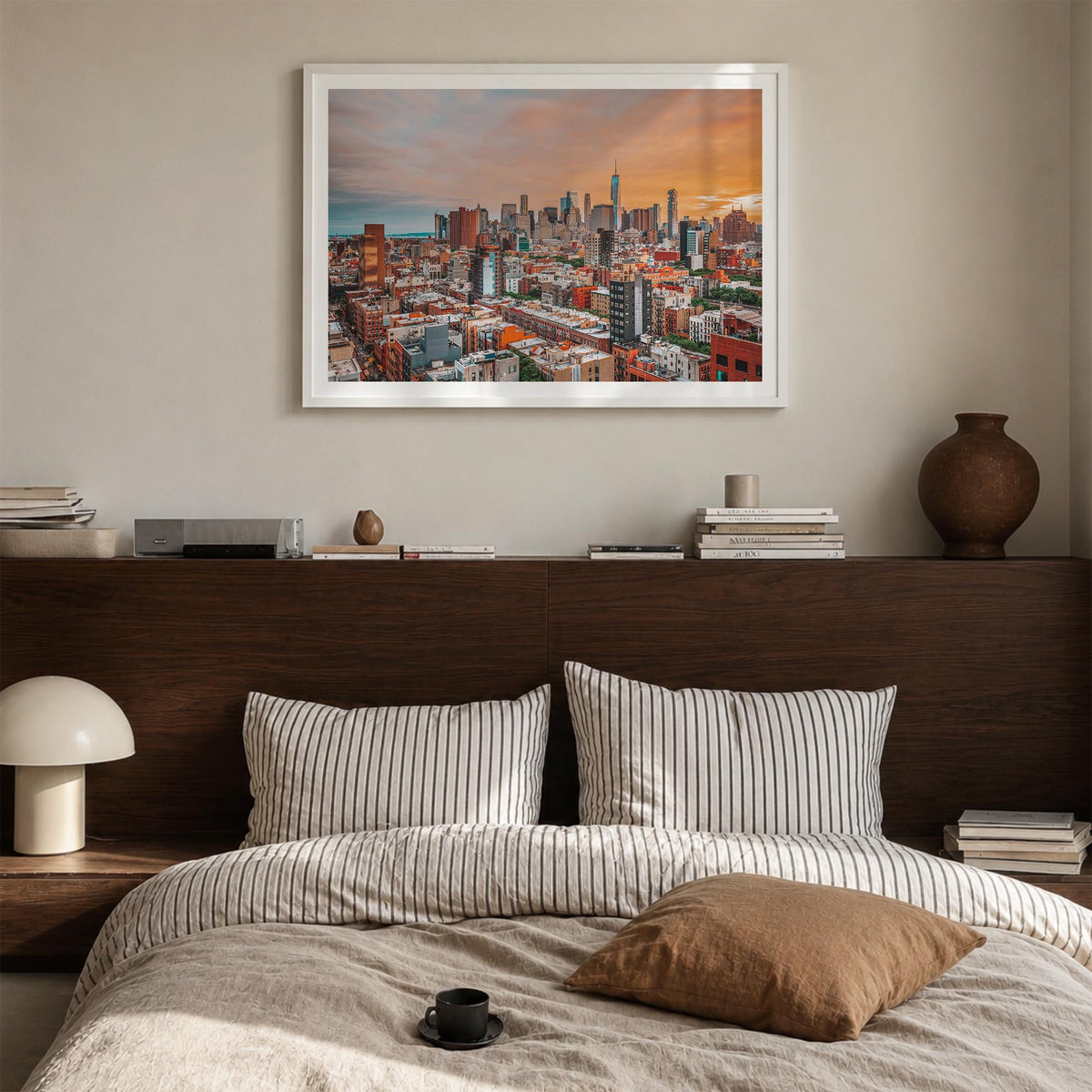 East Village, New York colorful photo poster of New York, USA – horizontal wall art in white wood frame with white border, ha