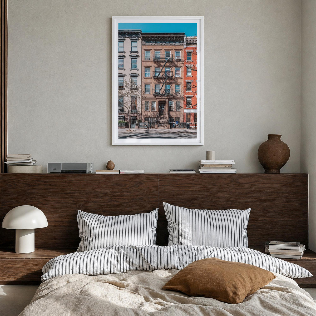 East Village, New York colorful photo poster of New York, USA – vertical wall art in white wood frame with white border, hang
