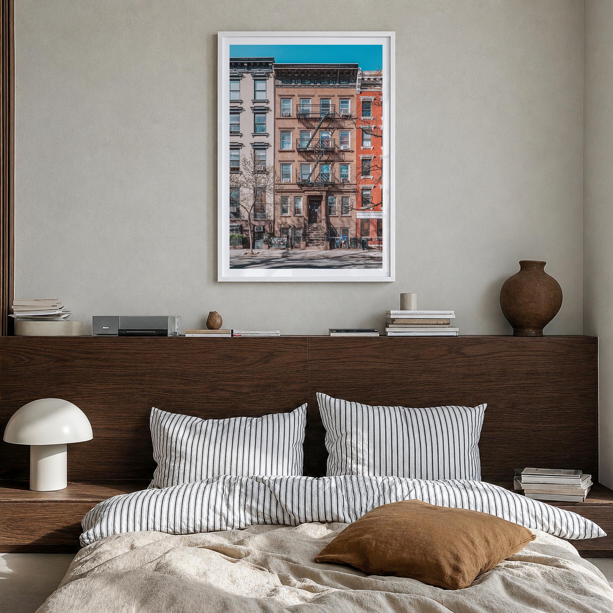 East Village, New York colorful photo poster of New York, USA – vertical wall art in white wood frame with white border, hang