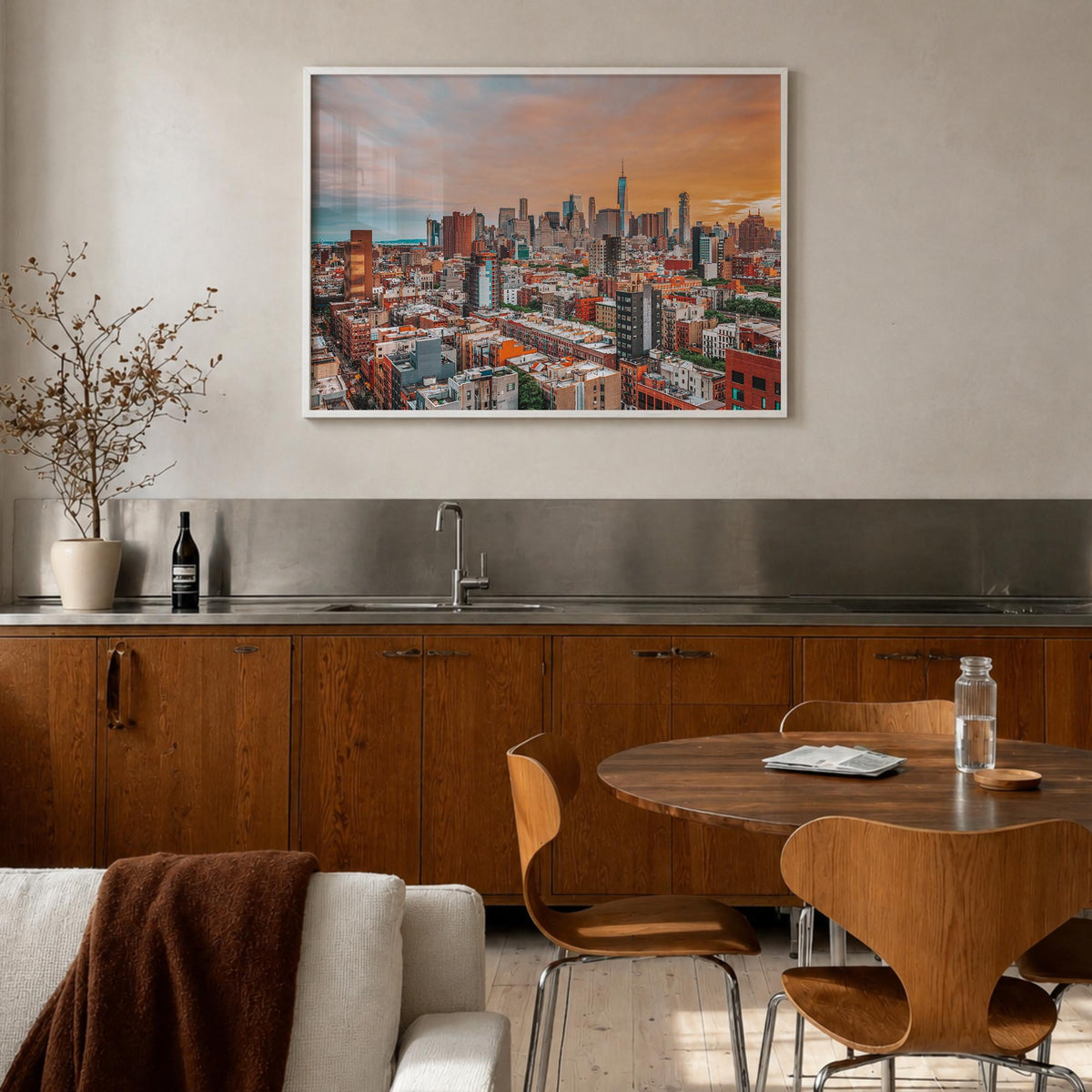 East Village, New York colorful photo poster of New York, USA – horizontal wall art in white wood frame, hanging on wall