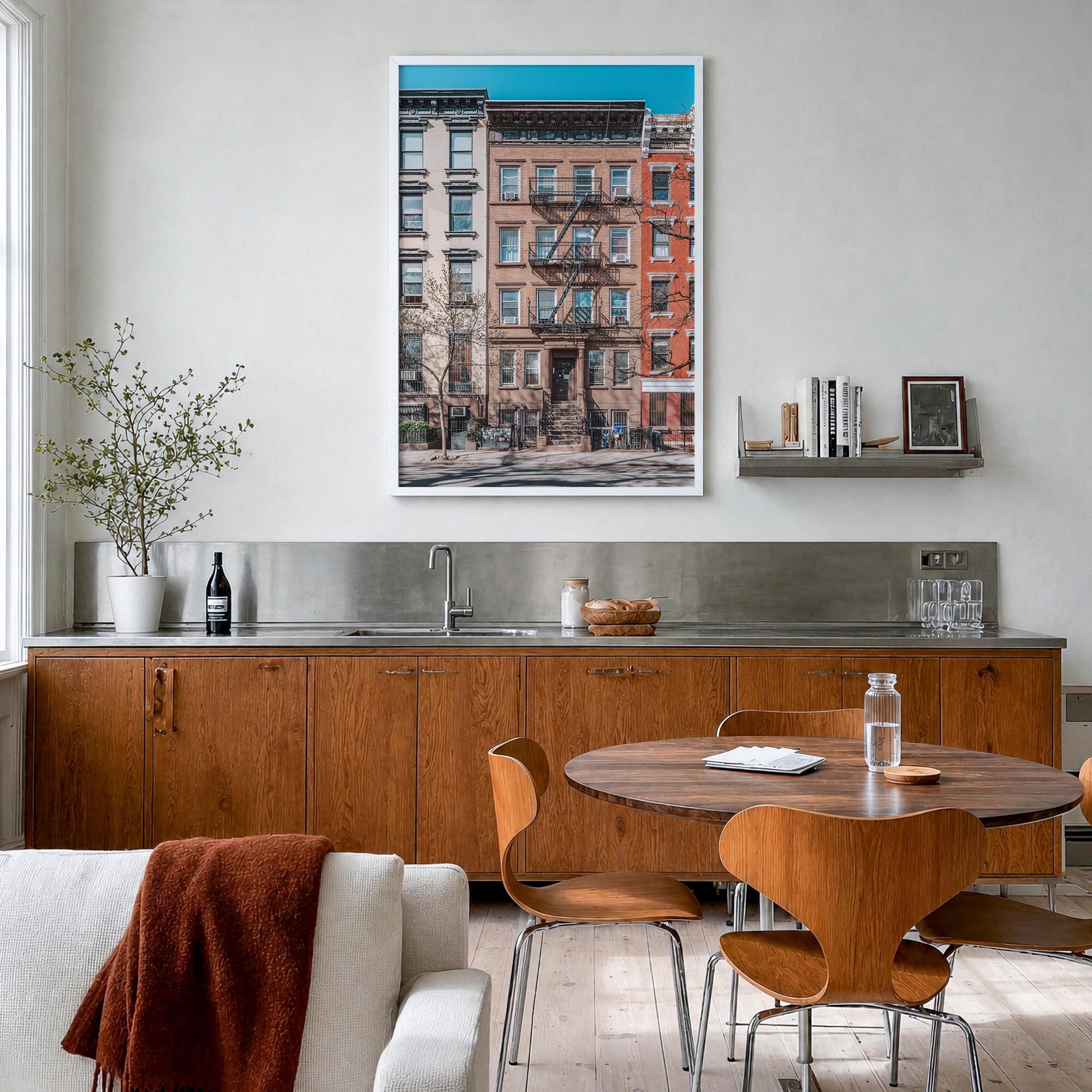 East Village, New York colorful photo poster of New York, USA – vertical wall art in white wood frame, hanging on wall