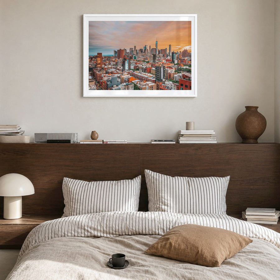 East Village, New York Photo Poster in a white wood frame, hanging in a bedroom, white border