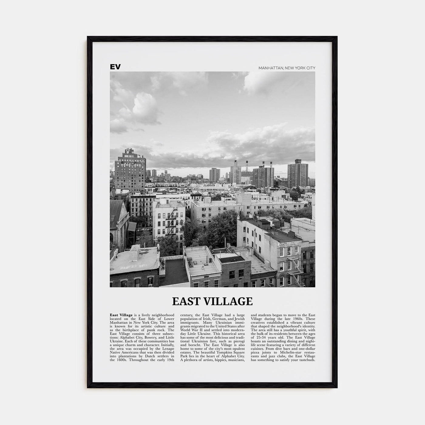 East Village, New York Poster Black Wood / 8x12 in Nbourhood Travel B&W Poster