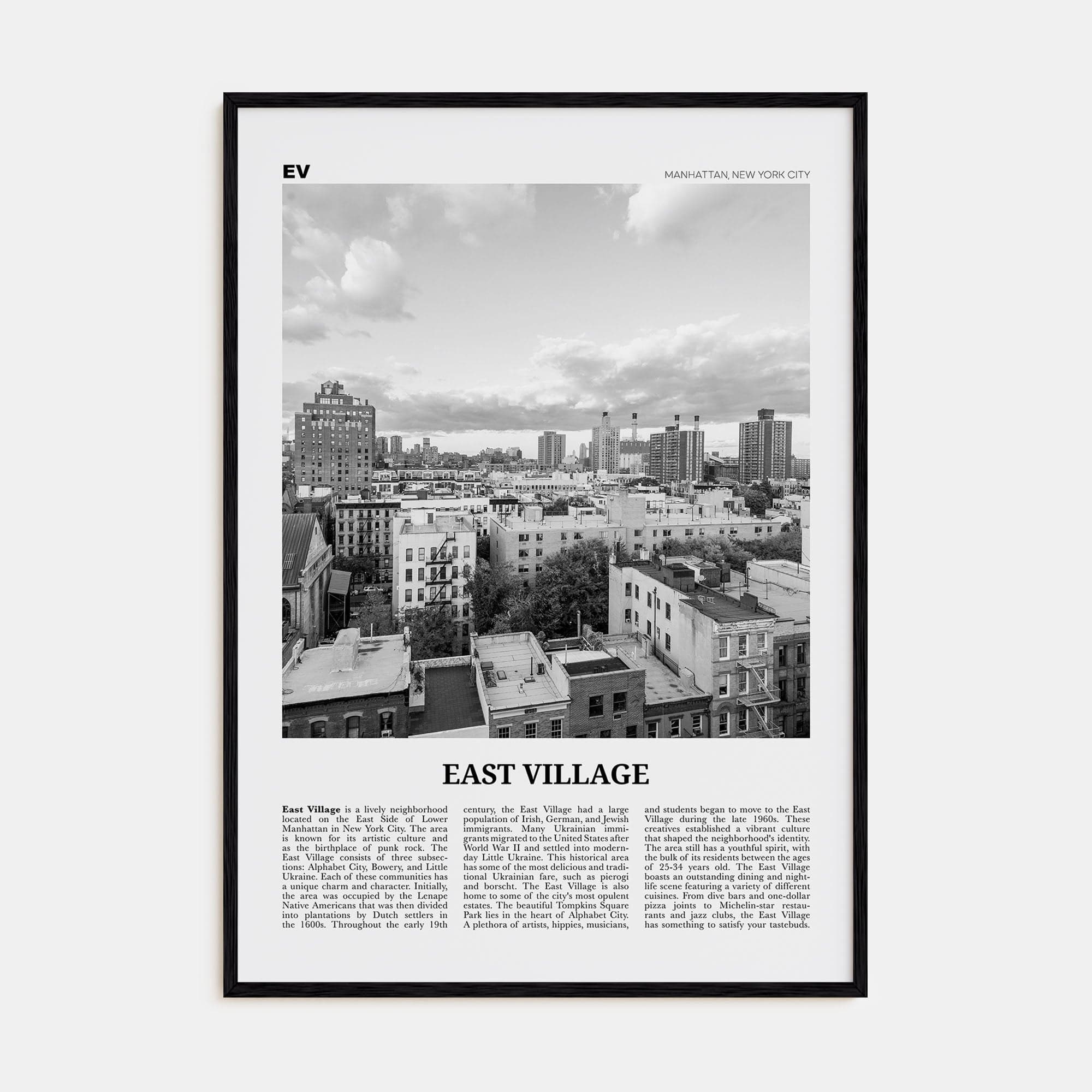 East Village, New York Poster Black Wood / 8x12 in Nbourhood Travel B&W Poster