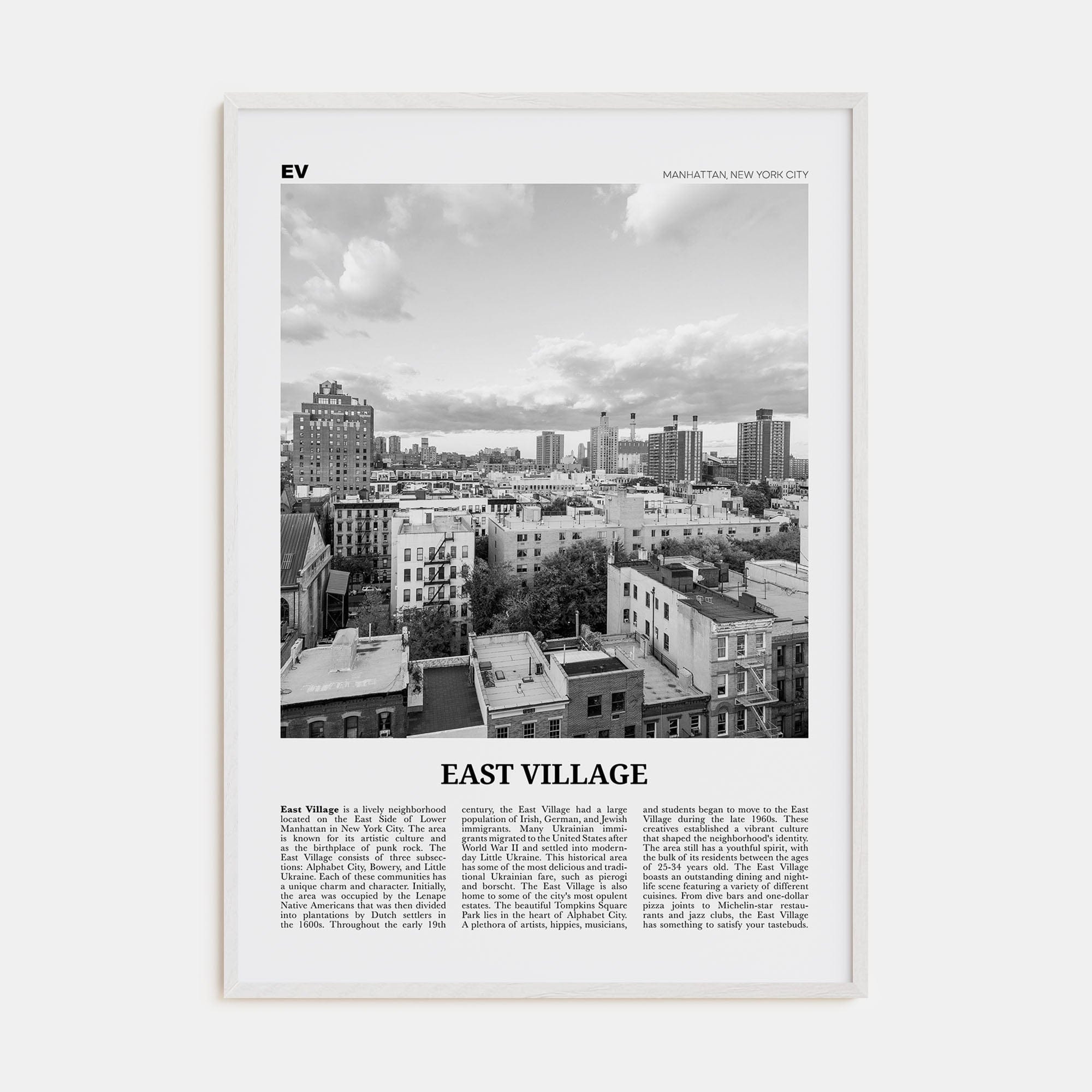 East Village, New York Poster White Wood / 8x12 in Nbourhood Travel B&W Poster