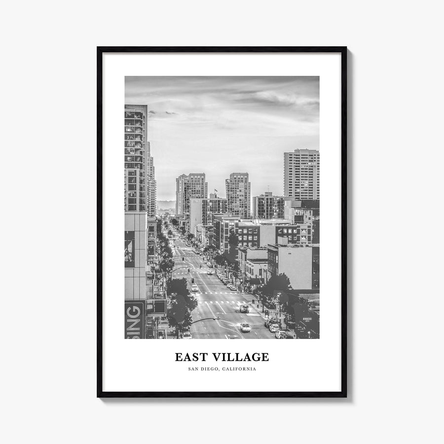 East Village, San Diego black & white classic poster of California, USA – vertical wall art, unframed print shown in interior