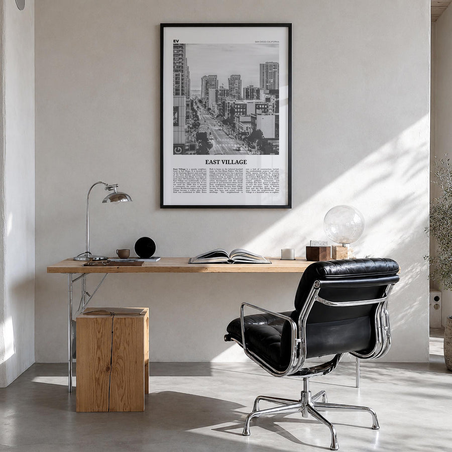 East Village, San Diego black & white newspaper poster of California, USA – vertical wall art in black wood frame, hanging on