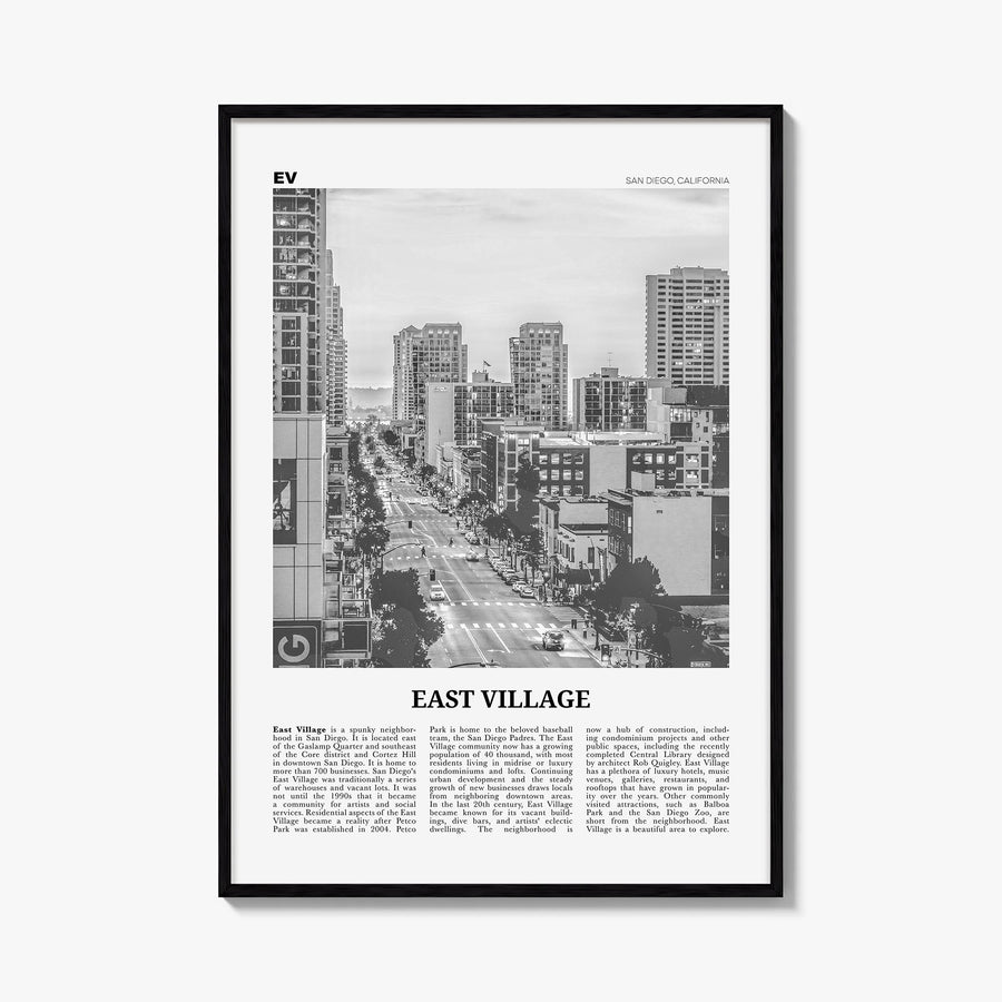 East Village, San Diego black & white newspaper poster of California, USA – vertical wall art, unframed print shown in interi