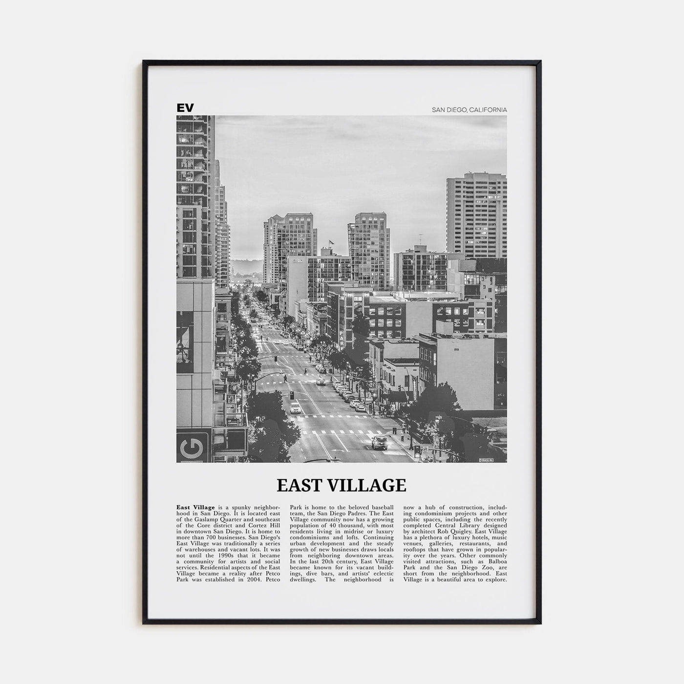 East Village, San Diego Poster None / 8x12 in Nbourhood Travel B&W Poster