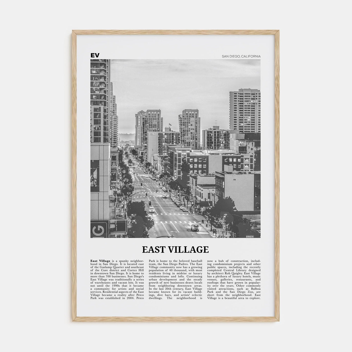 East Village, San Diego Poster Natural Wood / 8x12 in Nbourhood Travel B&W Poster