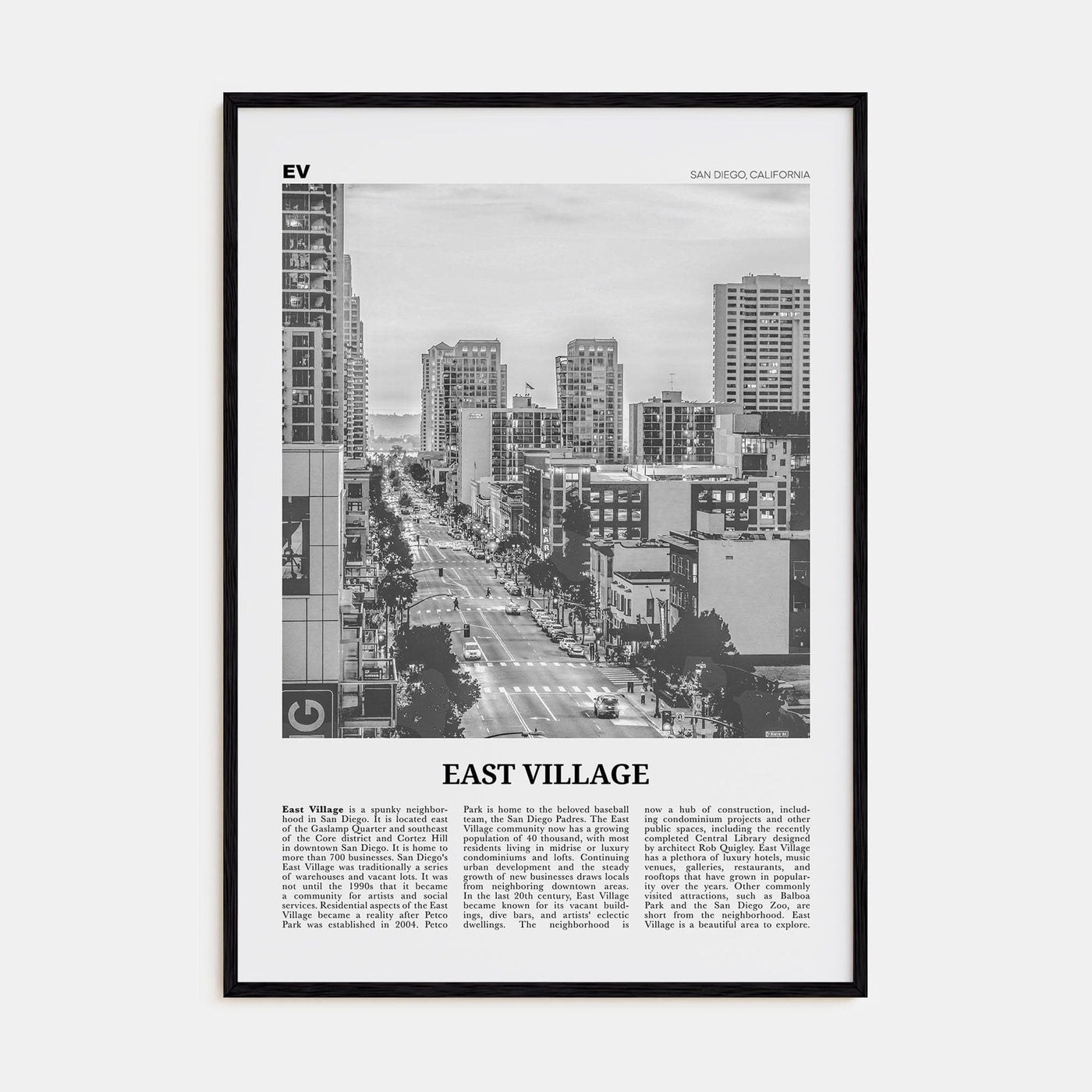 East Village, San Diego Poster Black Wood / 8x12 in Nbourhood Travel B&W Poster