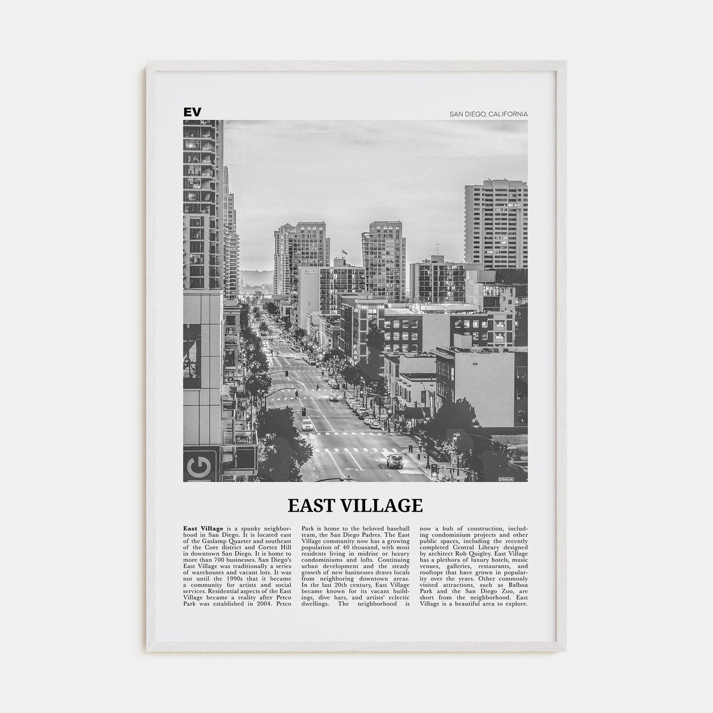 East Village, San Diego Poster White Wood / 8x12 in Nbourhood Travel B&W Poster